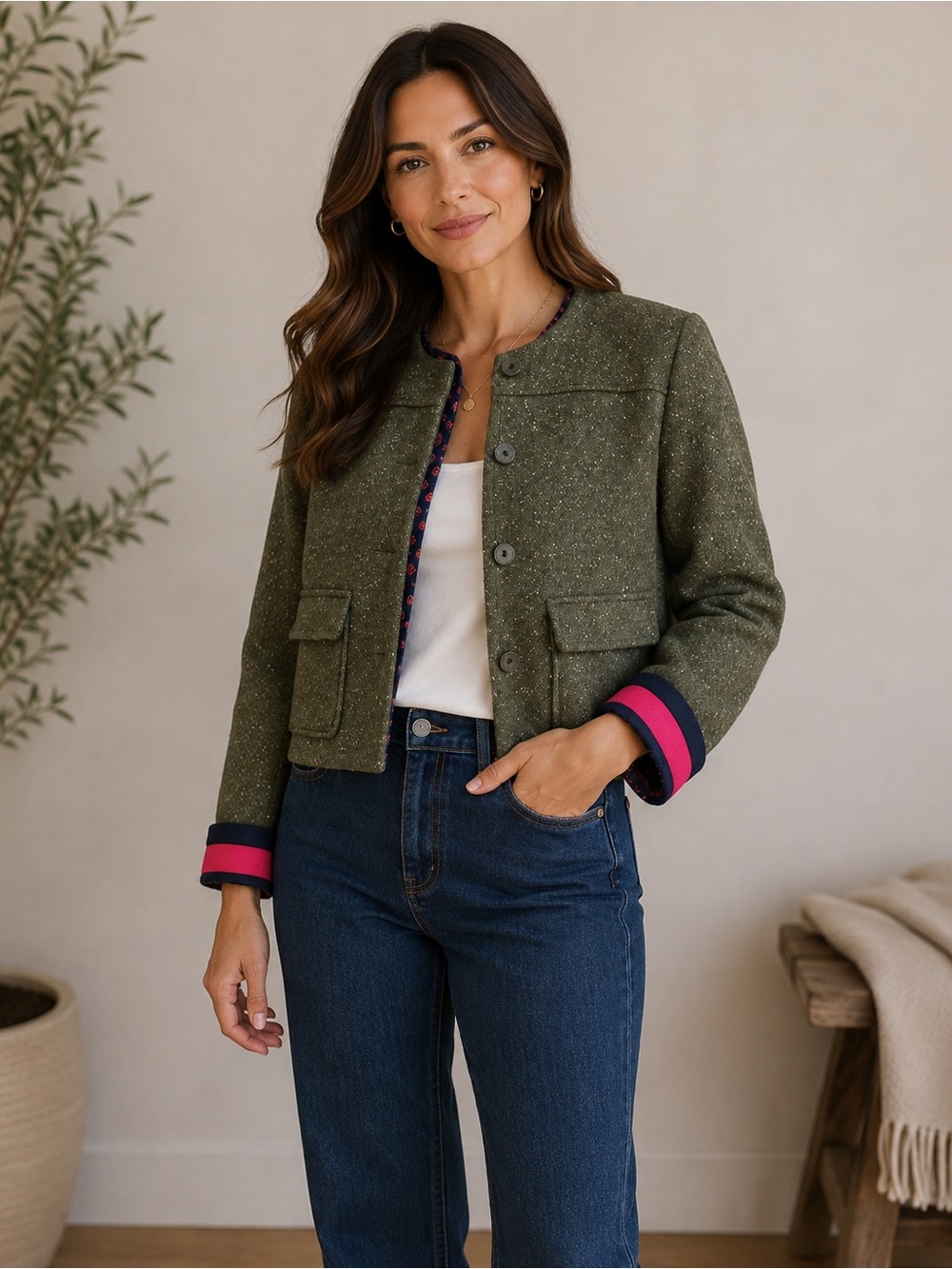 a new day Olive Tweed Jacket with Navy Floral Lining